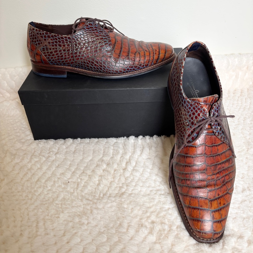 FLORIS VAN BROMMEL Derby Oxford Crocodile Print Leather Men Shoe US 11 EU 44